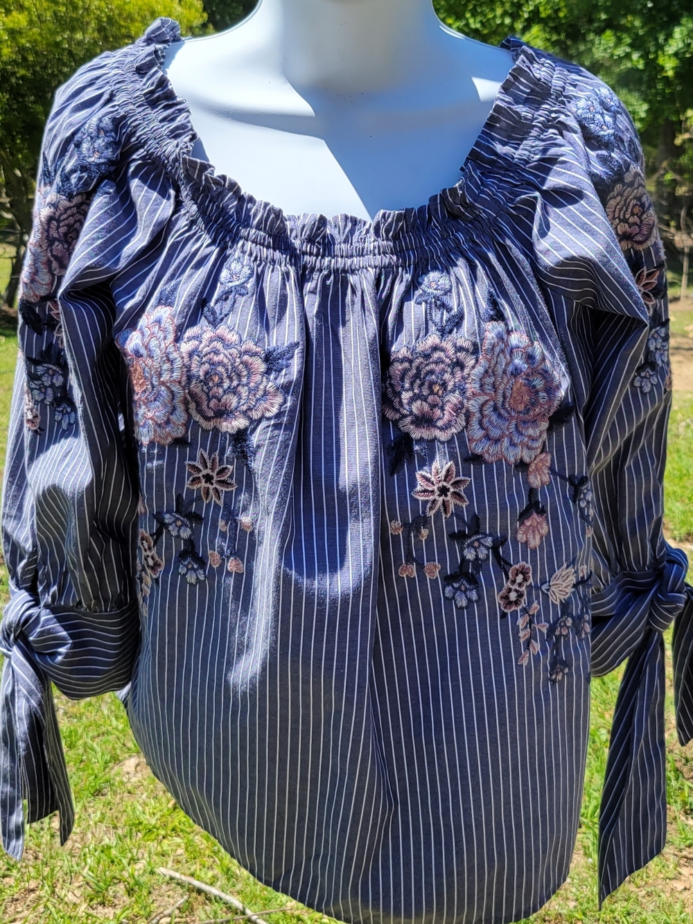 American Eagle Outfitters Navy Striped Floral Embroidered Off-Shoulder Blouse